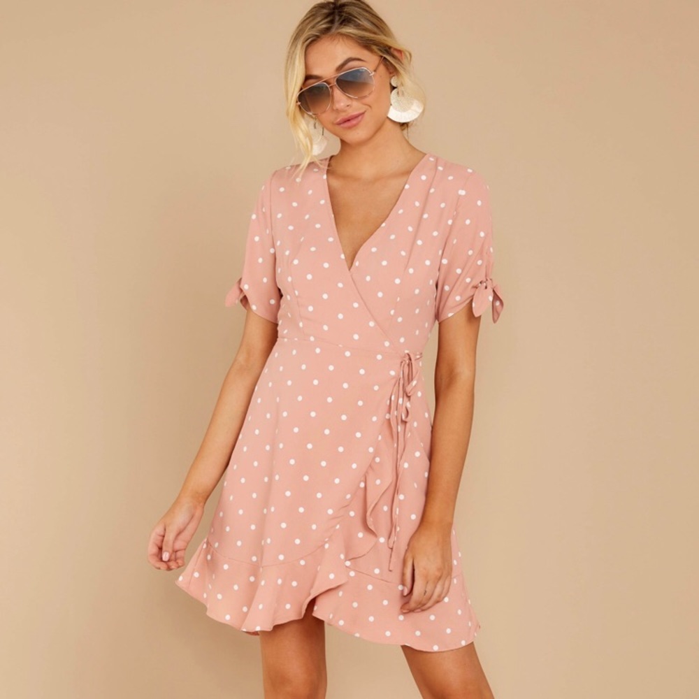 Blush pink polka dot wrap dress